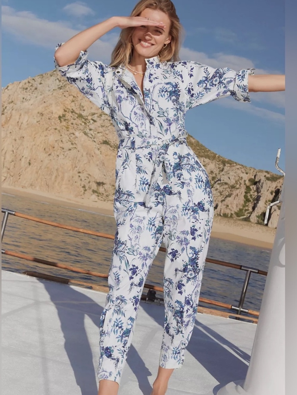 Anthropologie Lucienne Belted Jumpsuit - White and Blue Floral Jumpsuit